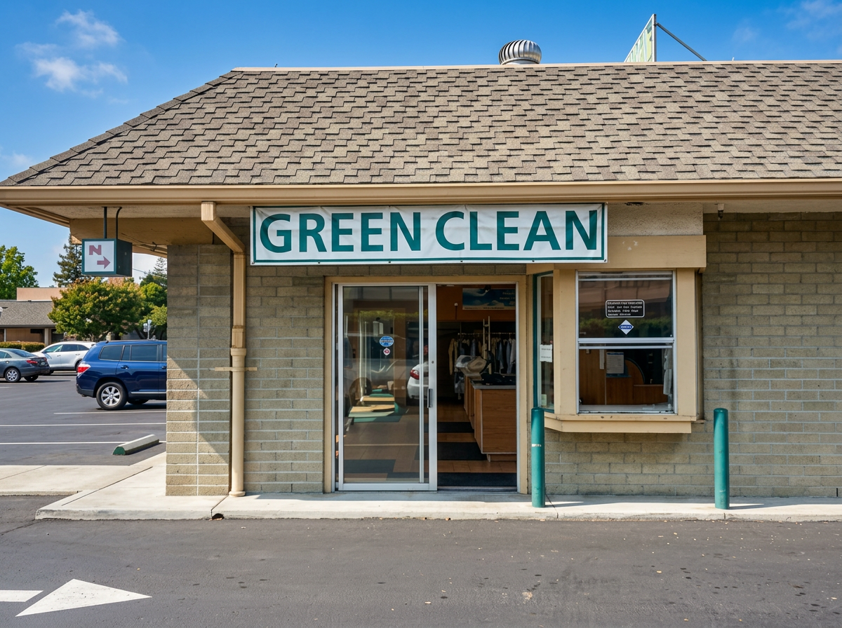 Green Clean signage at the Sky Cleaners drive-thru window